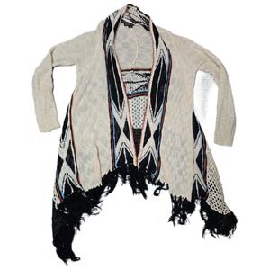 Double Zero Cream Fringe‎ Open Knit Aztec Cardigan Boho Women's Medium (K)